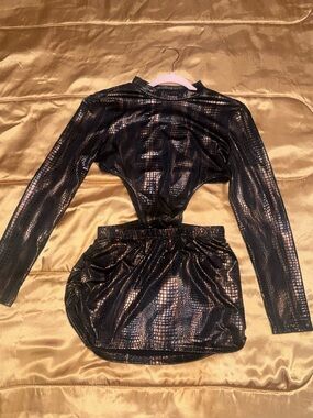 Black Metallic Croc-Embossed One-Piece Set